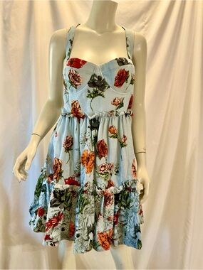 Cara Cara: Light Blue Floral Dress with Orange Accents:Size 16